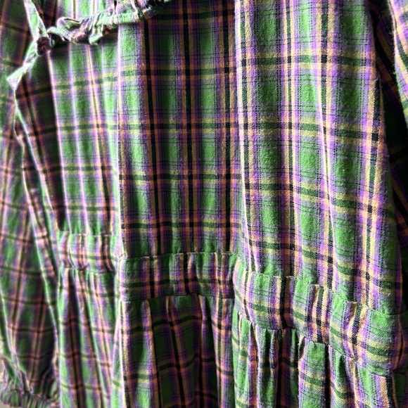 shirt by rochelle behrens Green Pink Flannel Plaid Ruffle Long Sleeve Dress Sz S - Picture 9 of 12